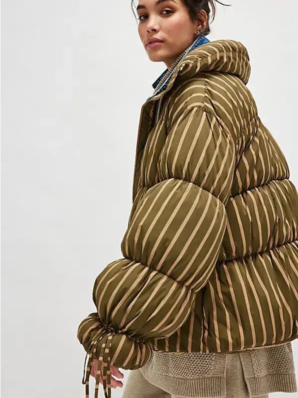 NEW Free People Printed Puffer Coat - Olive Striped Size S - Picture 2 of 7
